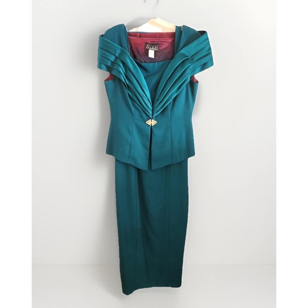 Alex Evenings Green Semi Formal‎ Satin Dress w/Jacket Size 16 90s Vintage